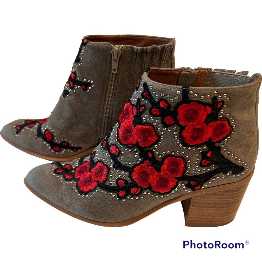 Jeffrey Campbell cherry blossom ankle booties gray red stud